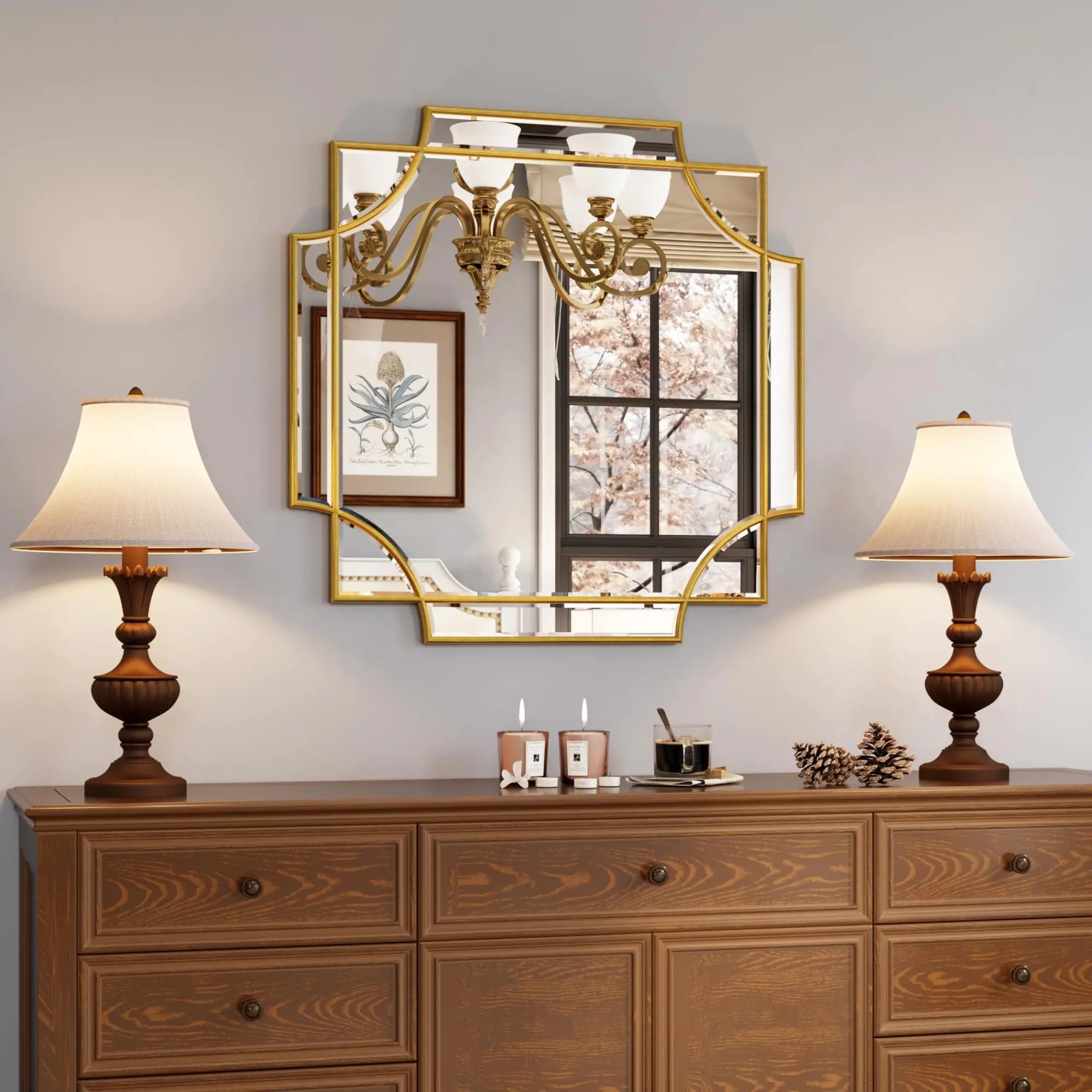 Kelly Miller Gold Framed Mirror for Wall 26"x26" Gold Square Wall Mirror Vanity Mirror Decorative Mirror Beveled Wall Decor for Bathroom Powder Room Living Room Bedroom Bedside Table Entryway Hallway