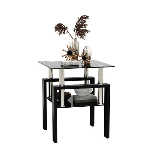 1-Piece Modern Tempered Glass Tea Table Coffee Table End Table, Square Table For Living Room, Black