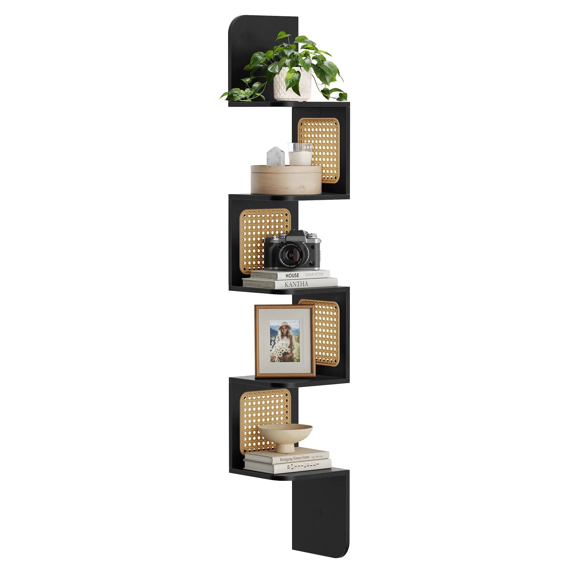 VASAGLE 5-Tier Corner Shelf Wall Mounted Floating Shelf Zigzag Corner Shelf Unit PVC Rattan Sides Space-Saving for Kitchen Living Room Bedroom Boho Style Ash Black ULLS582B21