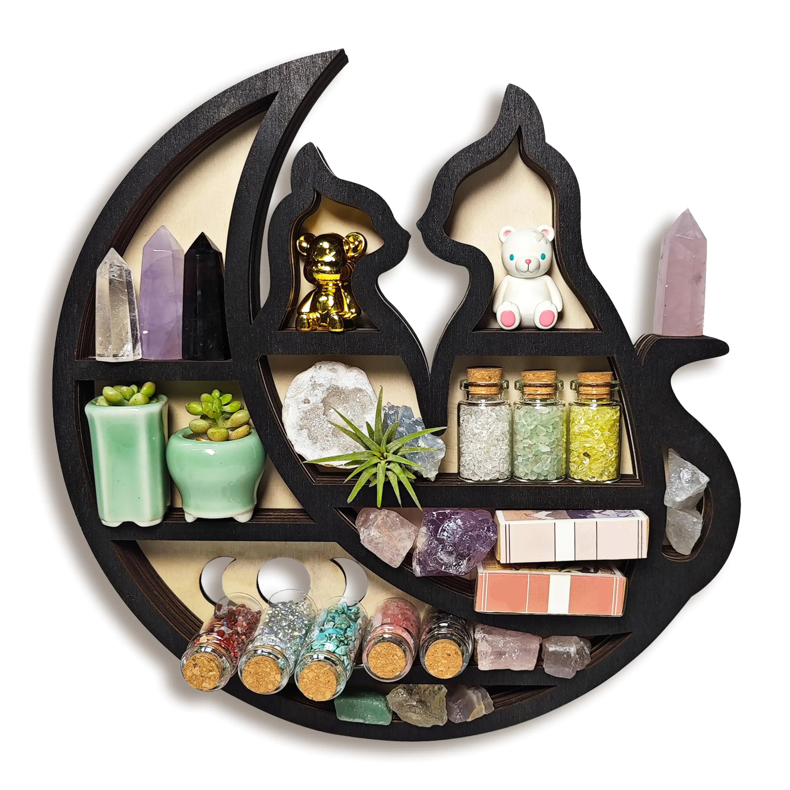 FNYDOX Crystal Display Shelf for Wall Cats on The Moon Shelf Crescent Moon Phase Cute Home Decor Wooden Rock Display Shelf Crystal Holder Stone Storage Aesthetic Hanging Floating Organizer