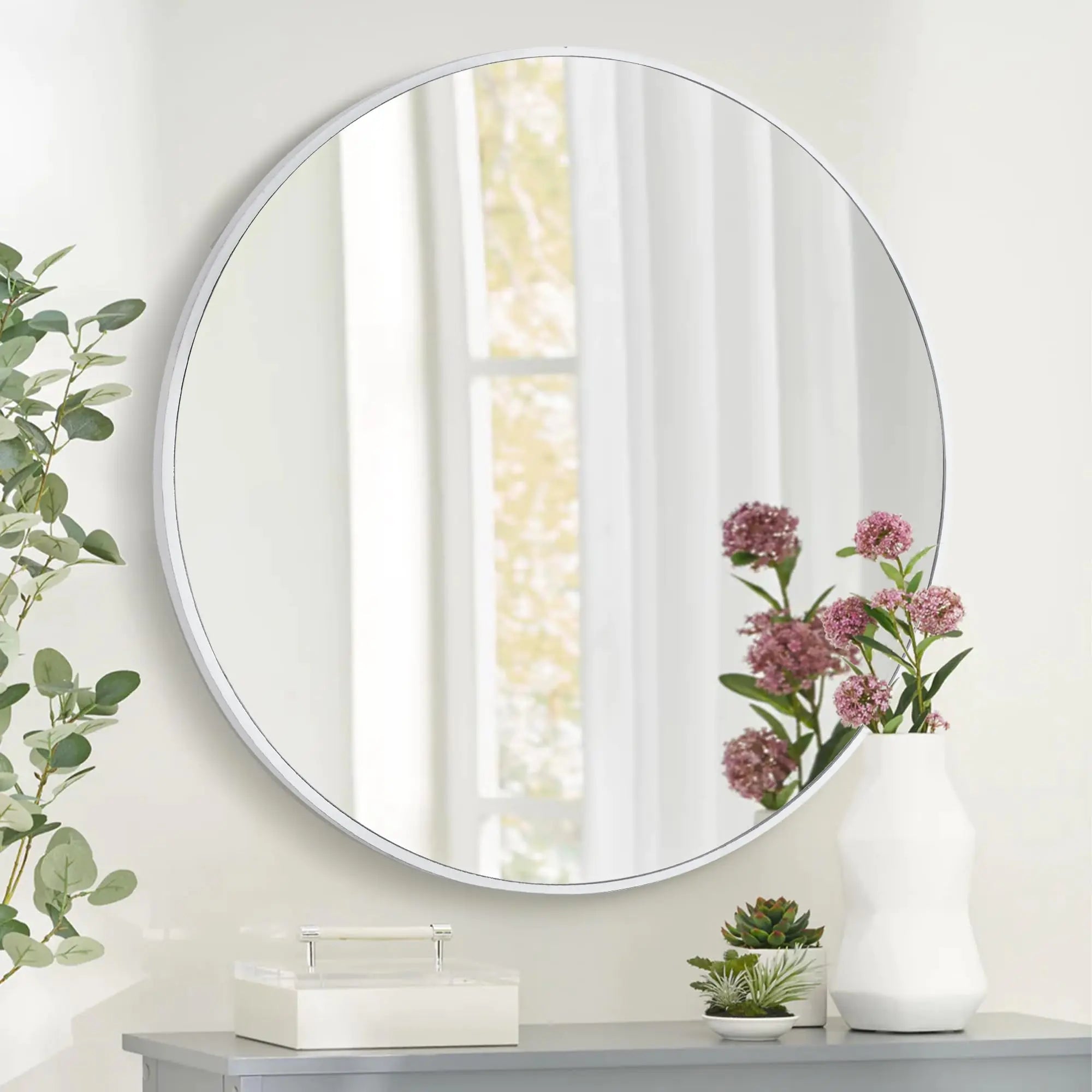 Round Wall Mirror Circle Mirrors with White Wood Frame for Bathroom Entryway Dining Room & Living RoomTempered Glass-Shatterproof Mirror (White 30 in)