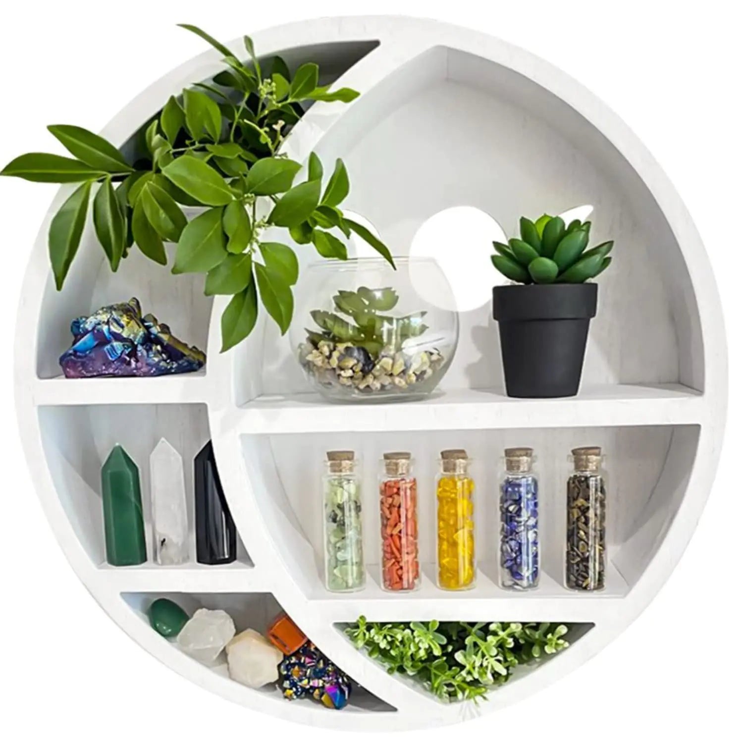 Ella & Emma Wooden Moon Shelf for Crystals - Crescent Moon Crystal Shelf Crystal Storage & Wall Hanging Shelves for Bedroom Aesthetic Moon Phase Wall Decor & Crystal Display Shelf Pinewood White