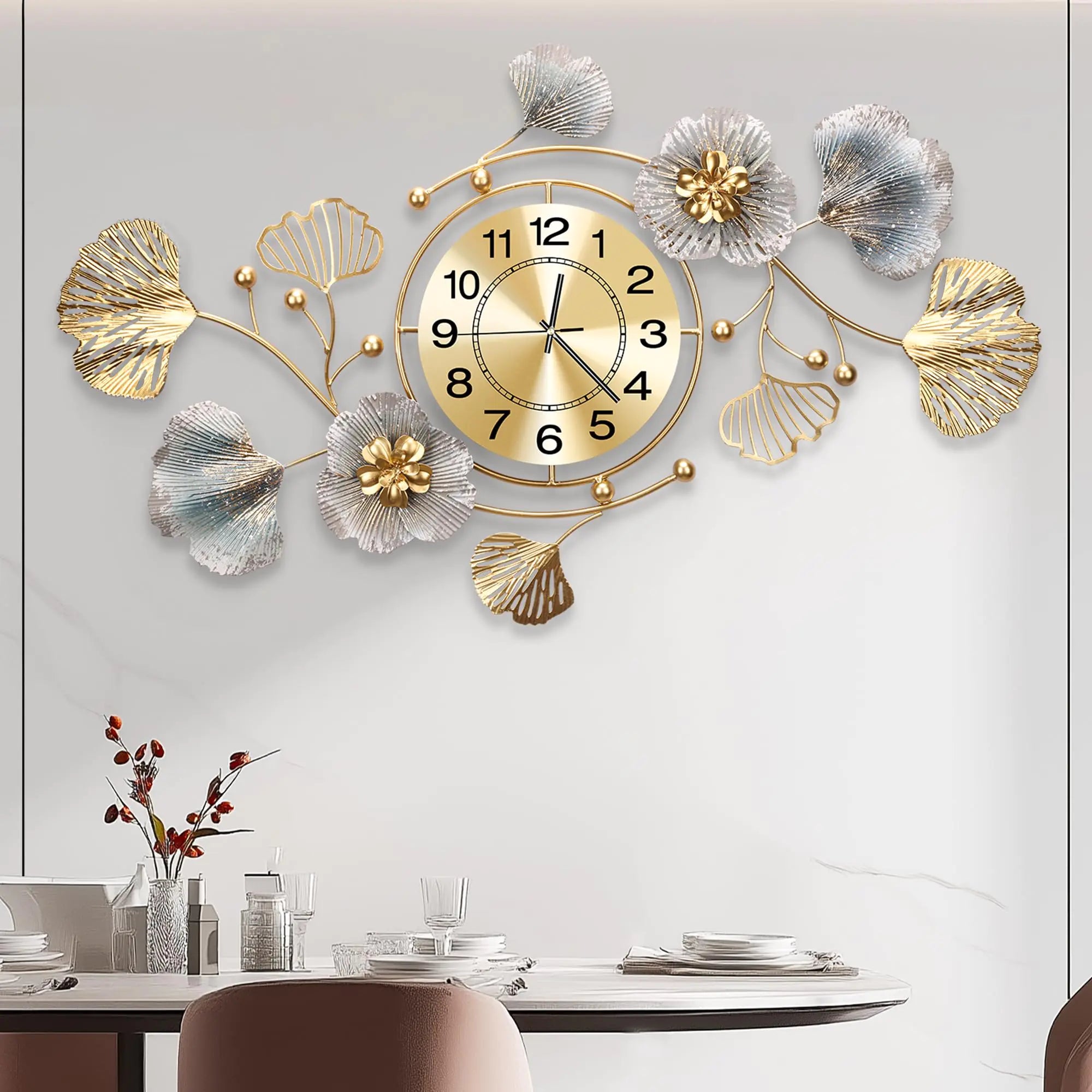 JXQXYN Clocks for Living Room Large Wall Clock 3D Silent Wall Clock Retro Metal Ginkgo Leaf Design for Bedroom Kitchen Decorative Wall Clocks（32x18 ）